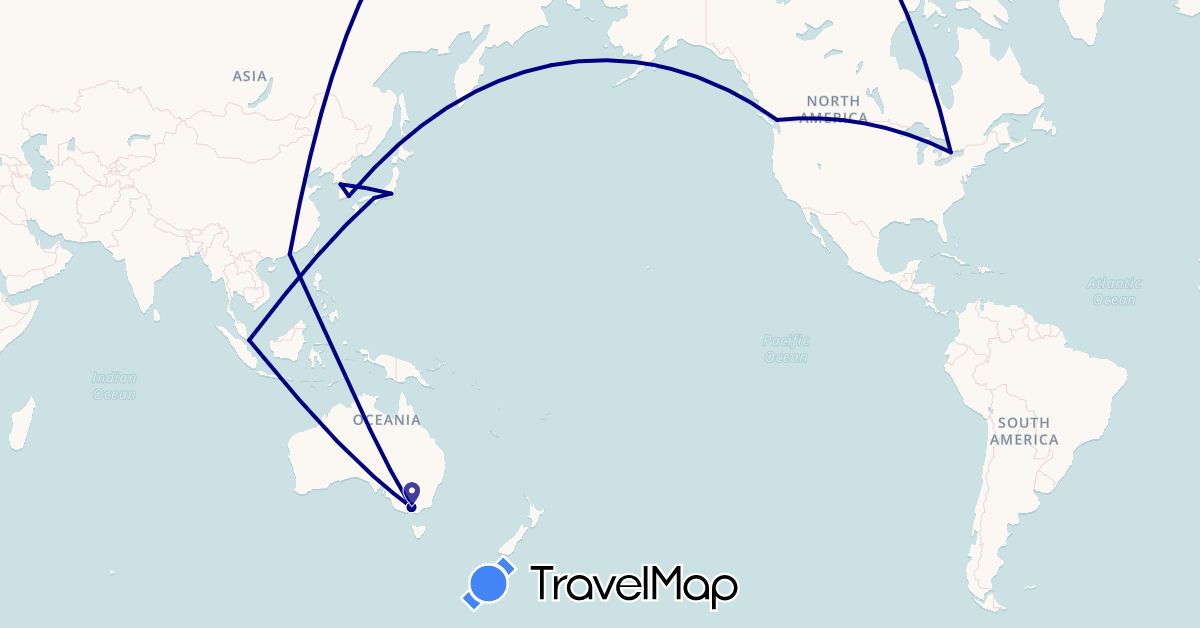 TravelMap itinerary: driving in Australia, Canada, China, Japan, South Korea, Singapore (Asia, North America, Oceania)